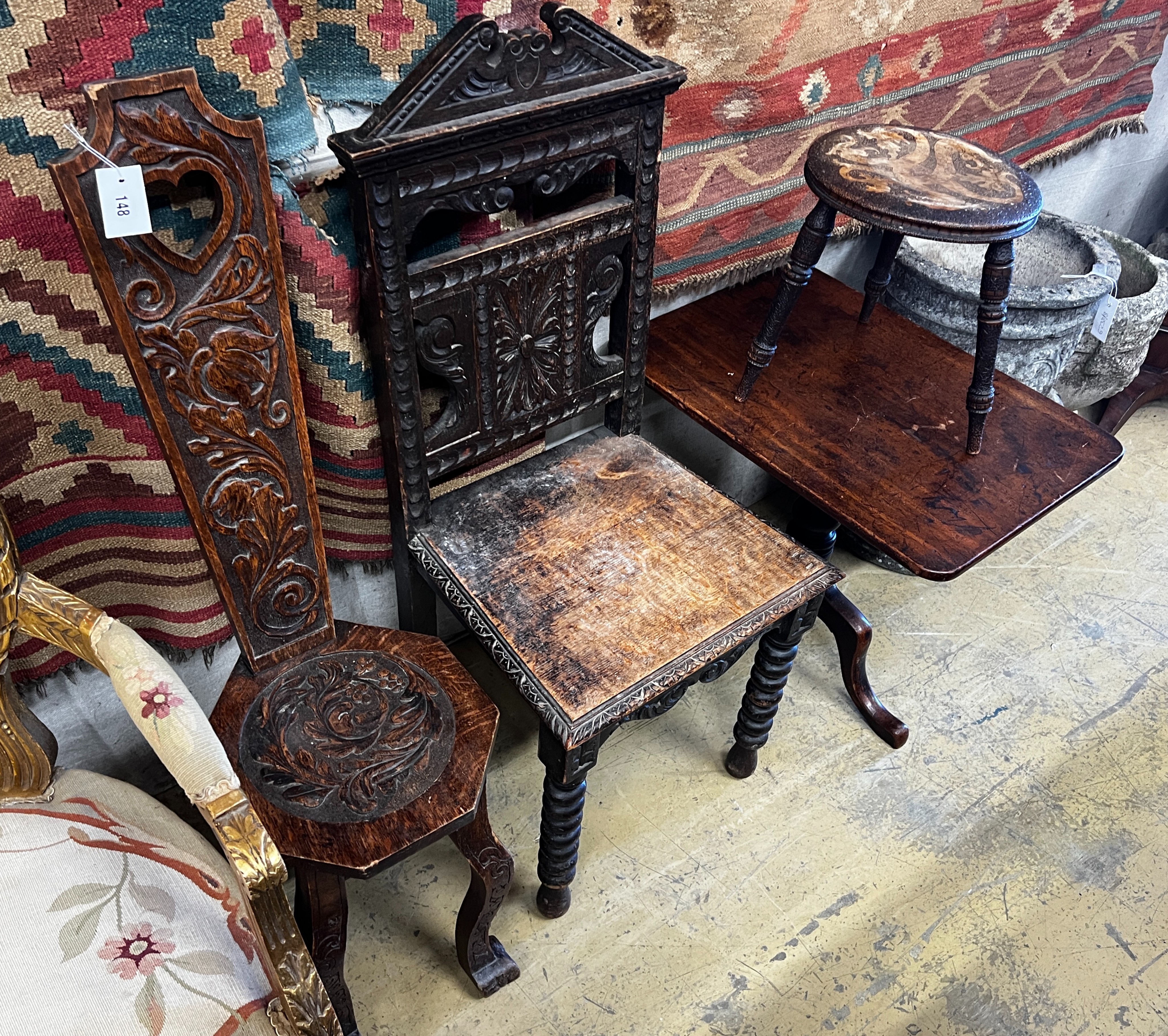 A Victorian oak hall chair table, spinning chair, a pokerwork stool and a wine table *Please note the sale commences at 9am.